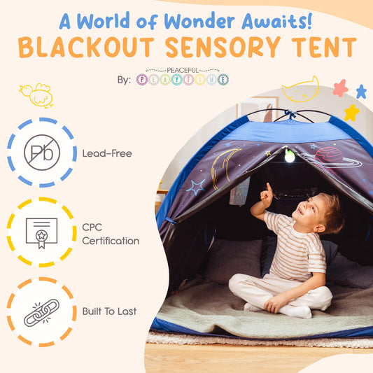 Peaceful Playtime blackout tent clear phone pocket for quick device access.