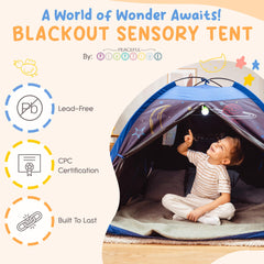 Peaceful Playtime blackout tent clear phone pocket for quick device access.