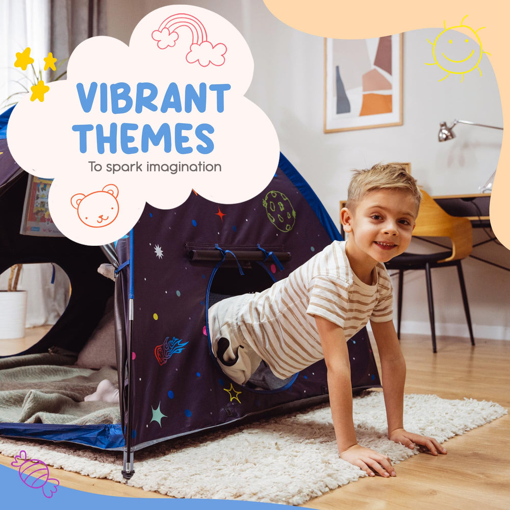 Peaceful Playtime blackout tent featuring two 15-inch escape holes.