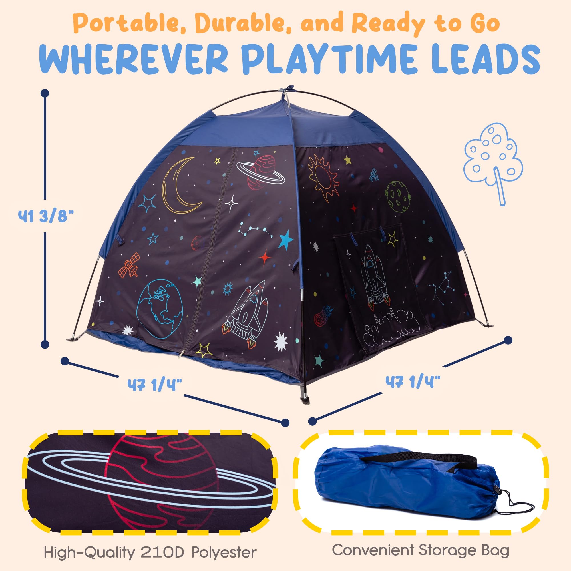 Peaceful Playtime blackout tent with one-button light for gentle illumination.