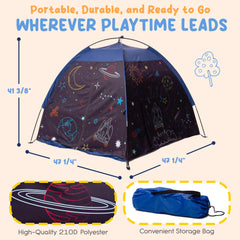Peaceful Playtime blackout tent with one-button light for gentle illumination.