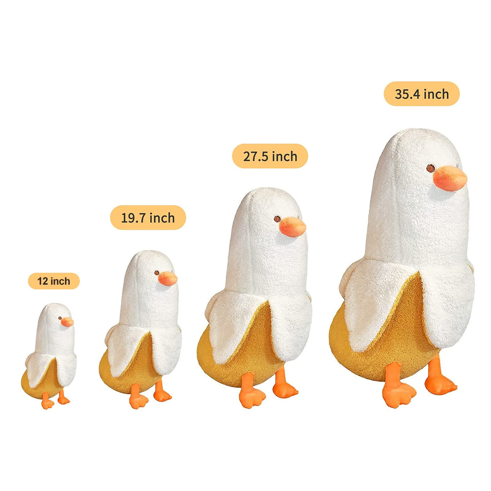 PEACH CAT Banana Duck plush side view highlights compact 12-inch snuggle buddy.