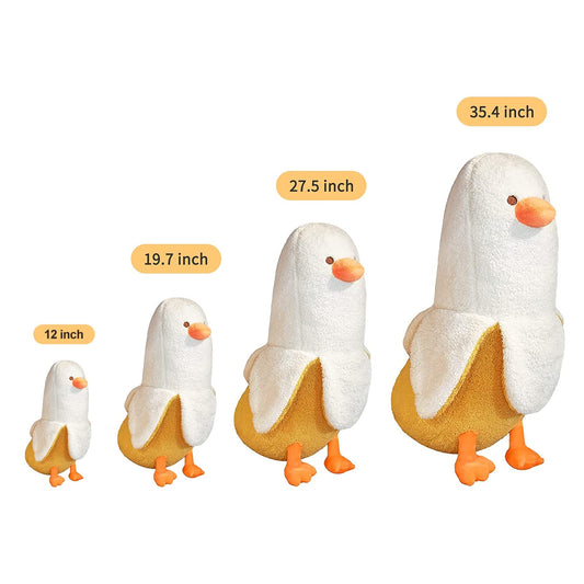 PEACH CAT Banana Duck plush side view highlights compact 12-inch snuggle buddy.