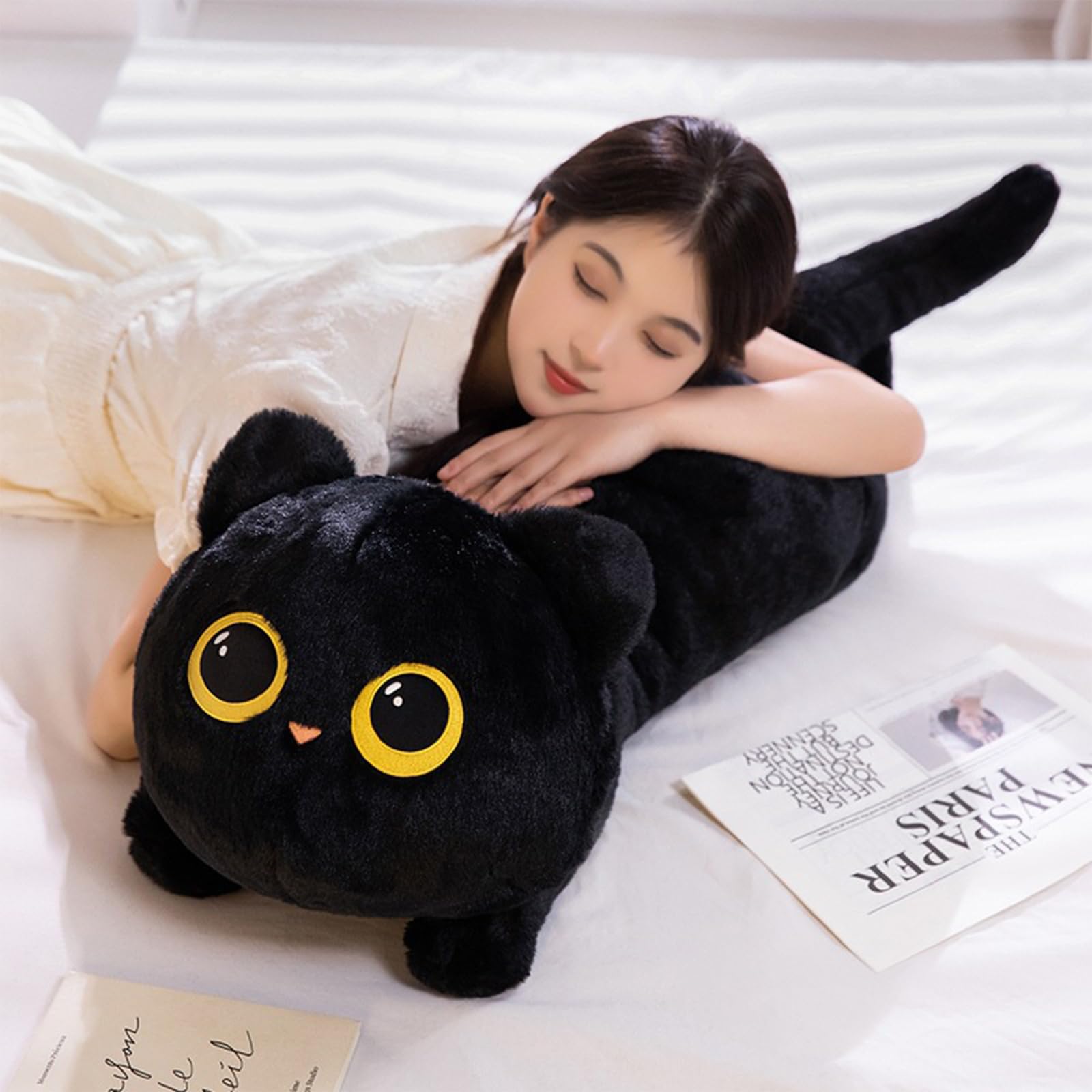 PEACH CAT black kitten plush pillow doubles as a sofa backrest