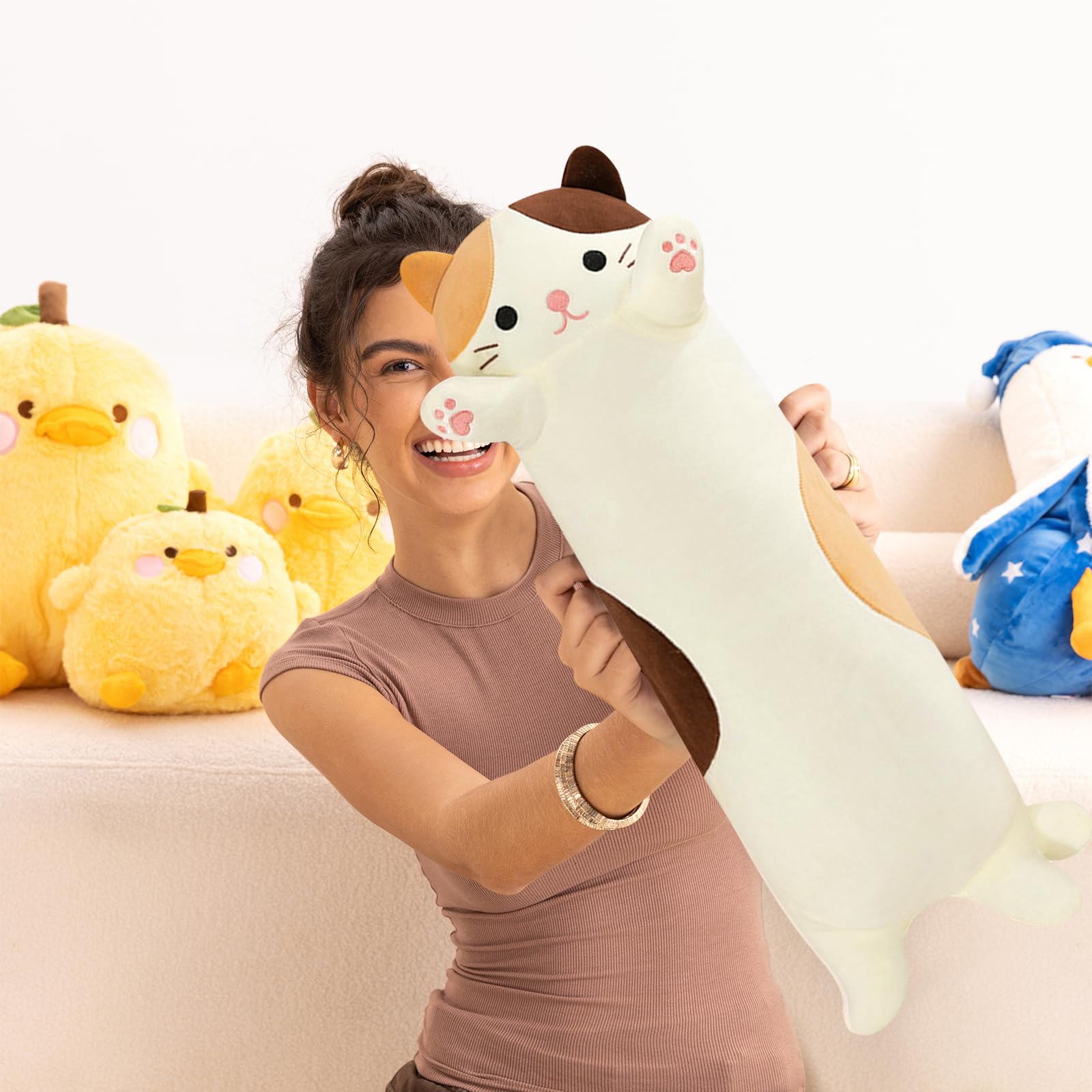 PEACH CAT long cat pillow backrest on sofa supports relaxed posture.