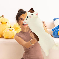 PEACH CAT long cat pillow backrest on sofa supports relaxed posture.