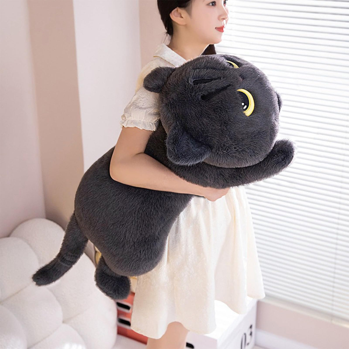 PEACH CAT long cat plush pillow grey, cozy backrest for reading and relaxing.