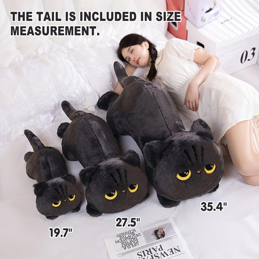 PEACH CAT grey long cat plush pillow side view, versatile lounge accessory.