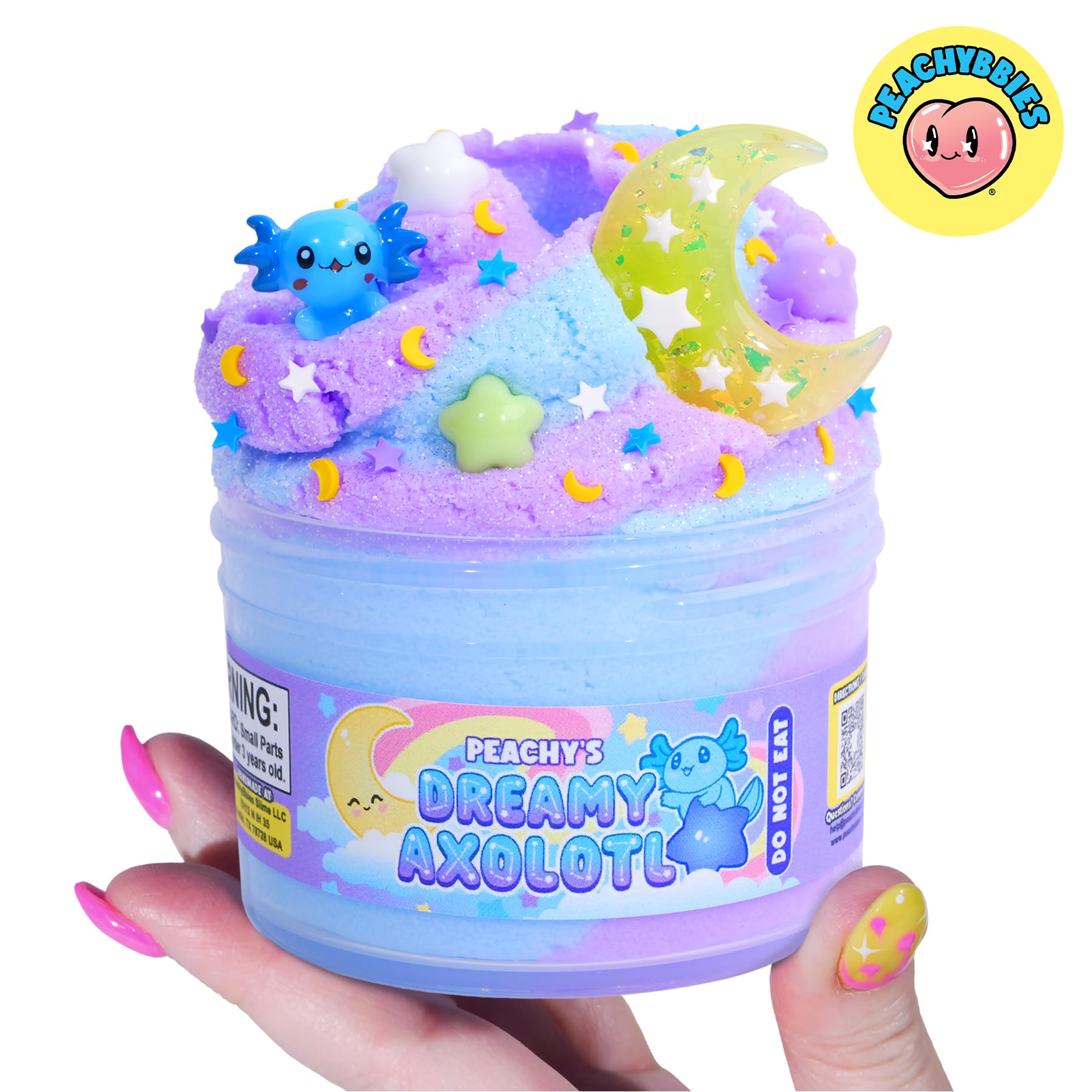 Peachybbies Axolotl charms close-up in slime, ideal for imaginative play.