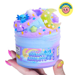 Peachybbies Axolotl charms close-up in slime, ideal for imaginative play.