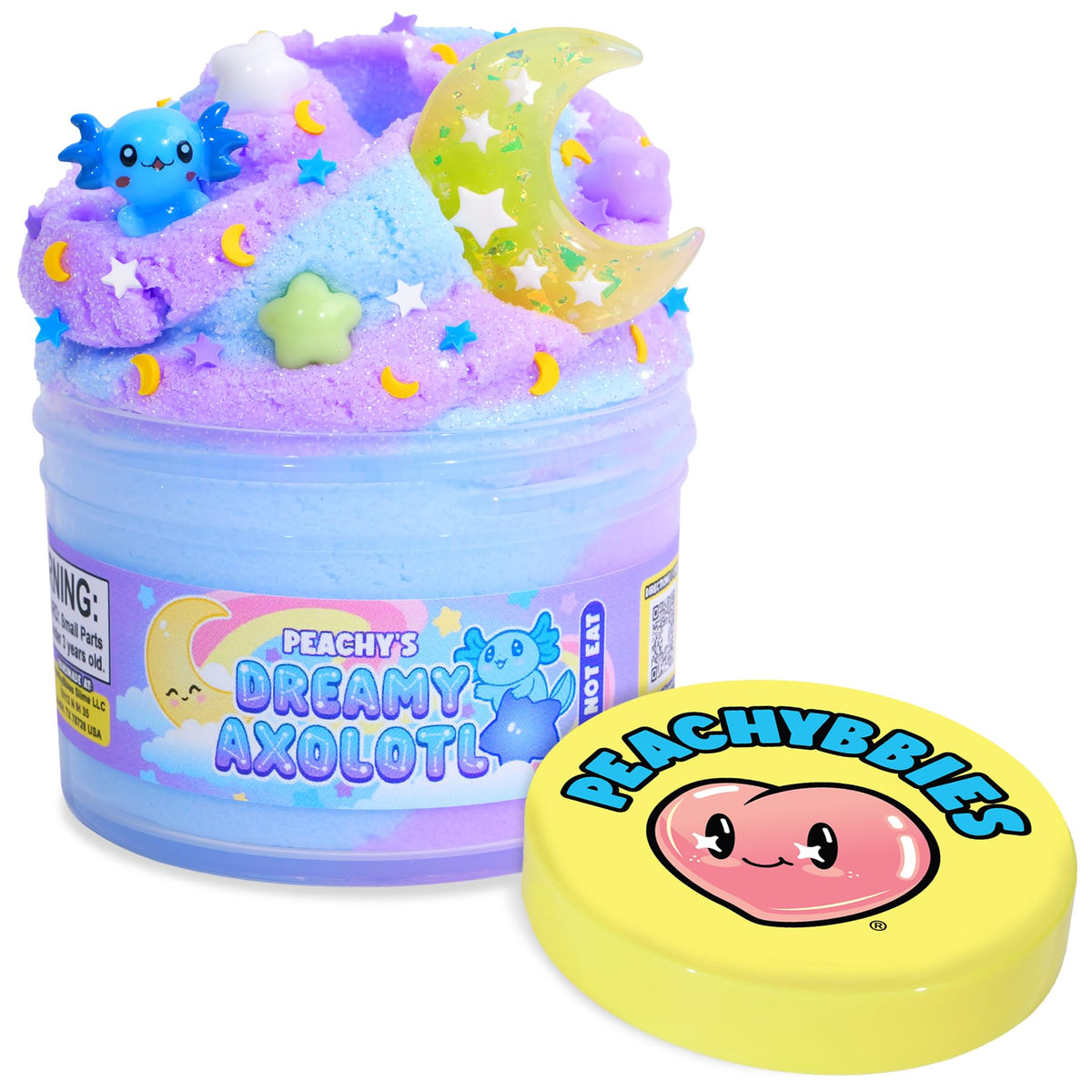 Peachybbies Dreamy Axolotl Cloud Slime jar with pastel charms for ASMR relaxation.