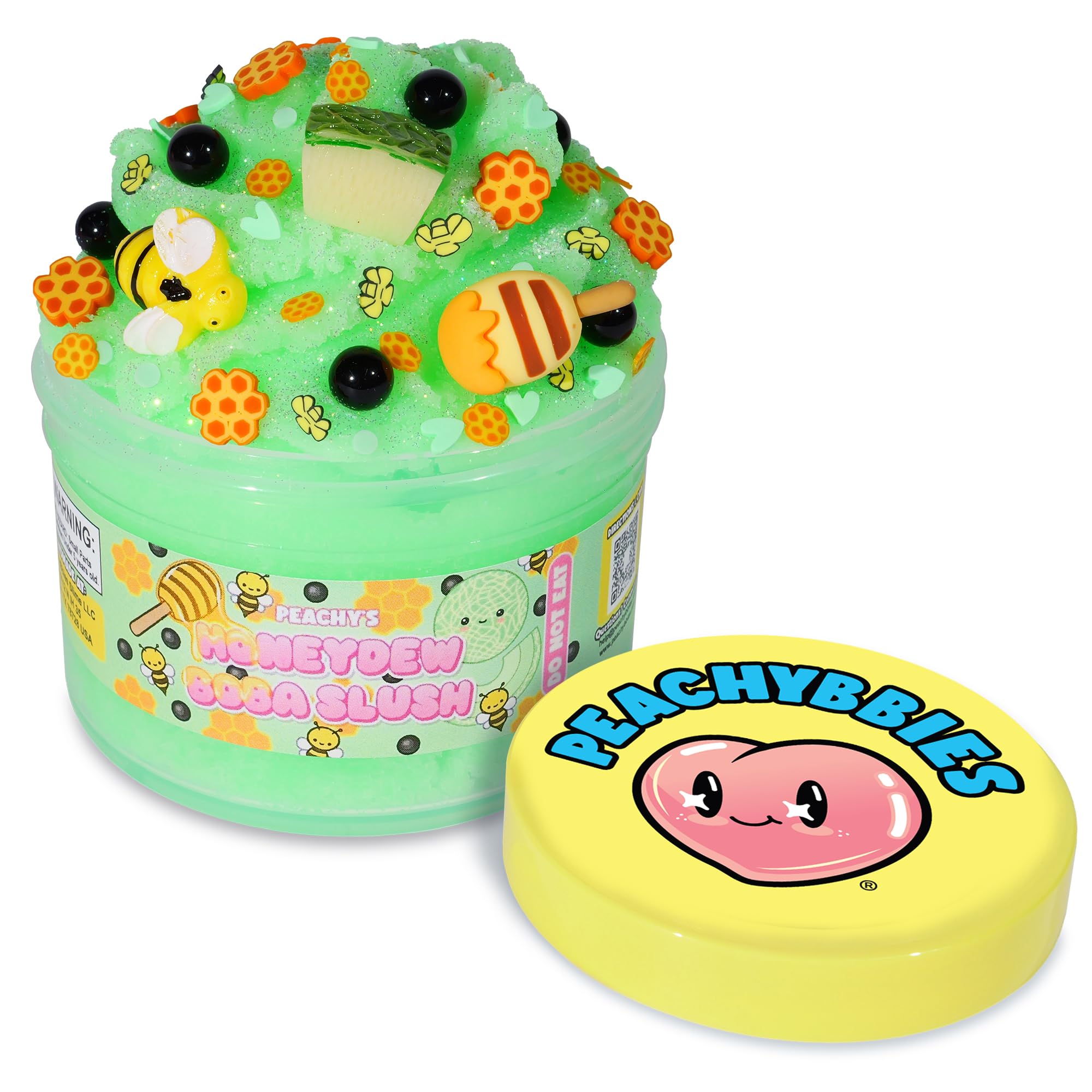 Peachybbies Honeydew Boba Slush Slime jar front for sensory play