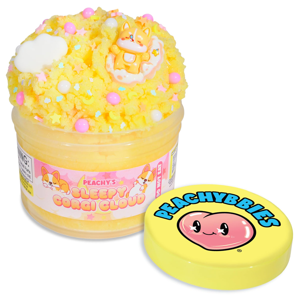 Peachybbies Sleepy Corgi Cloud slime jar, soothing tactile fun for kids.