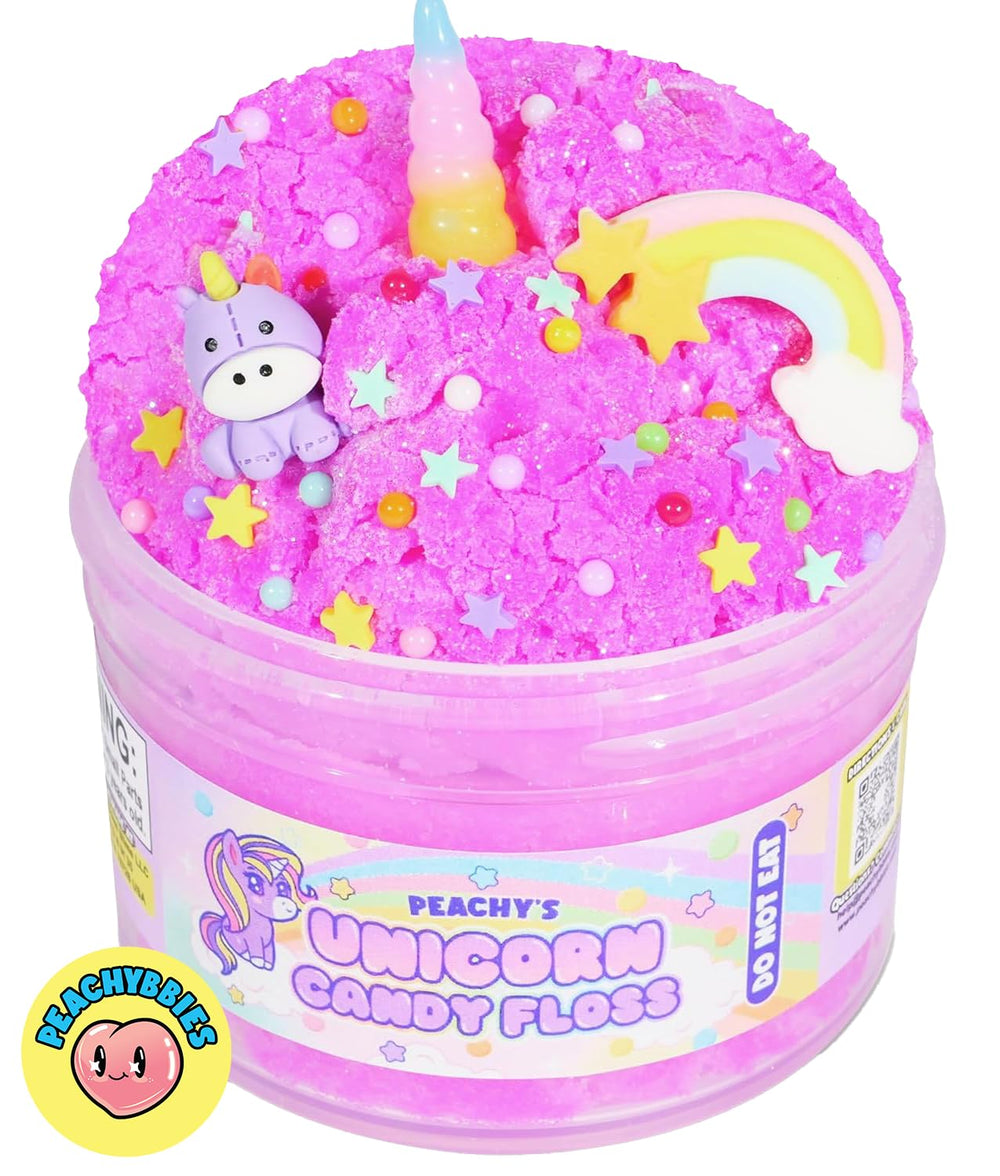 Peachybbies Unicorn Candy Floss slime jar with fluffy texture and sweet scent