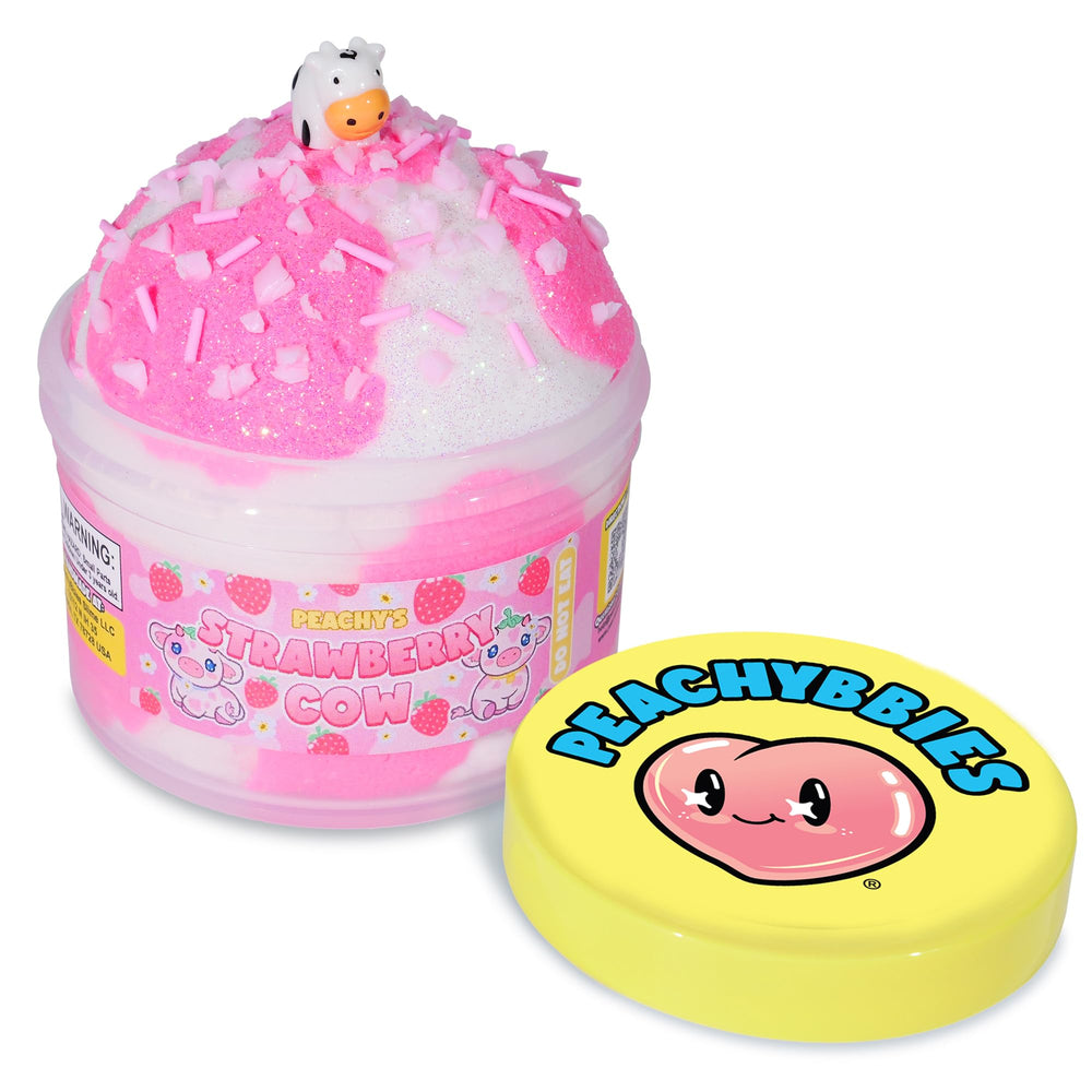 Peachybbies Strawberry Cow Cloud Slime jar with pink white swirl for sensory play