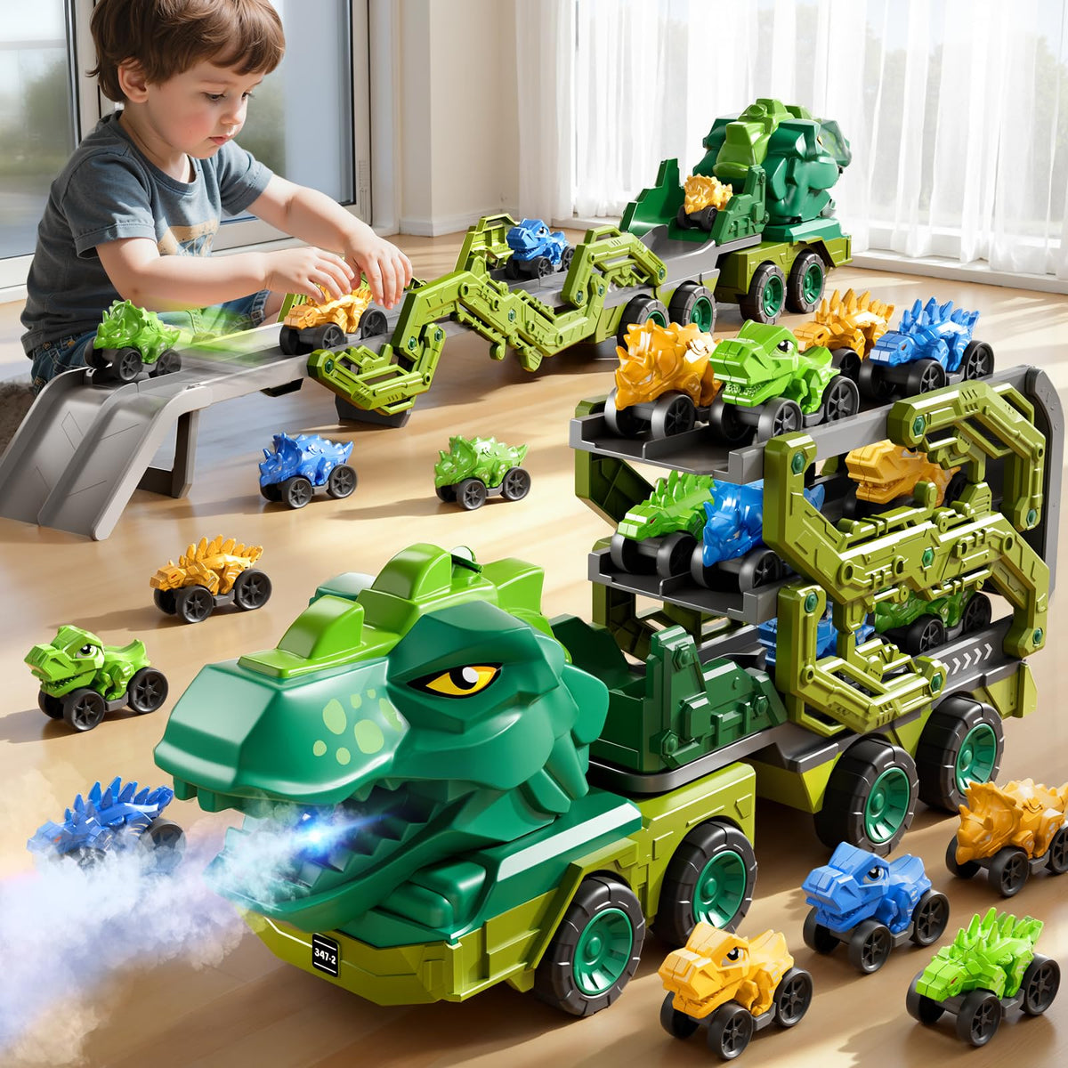 PEADUCK dinosaur car truck toy enhances imaginative play for toddlers.