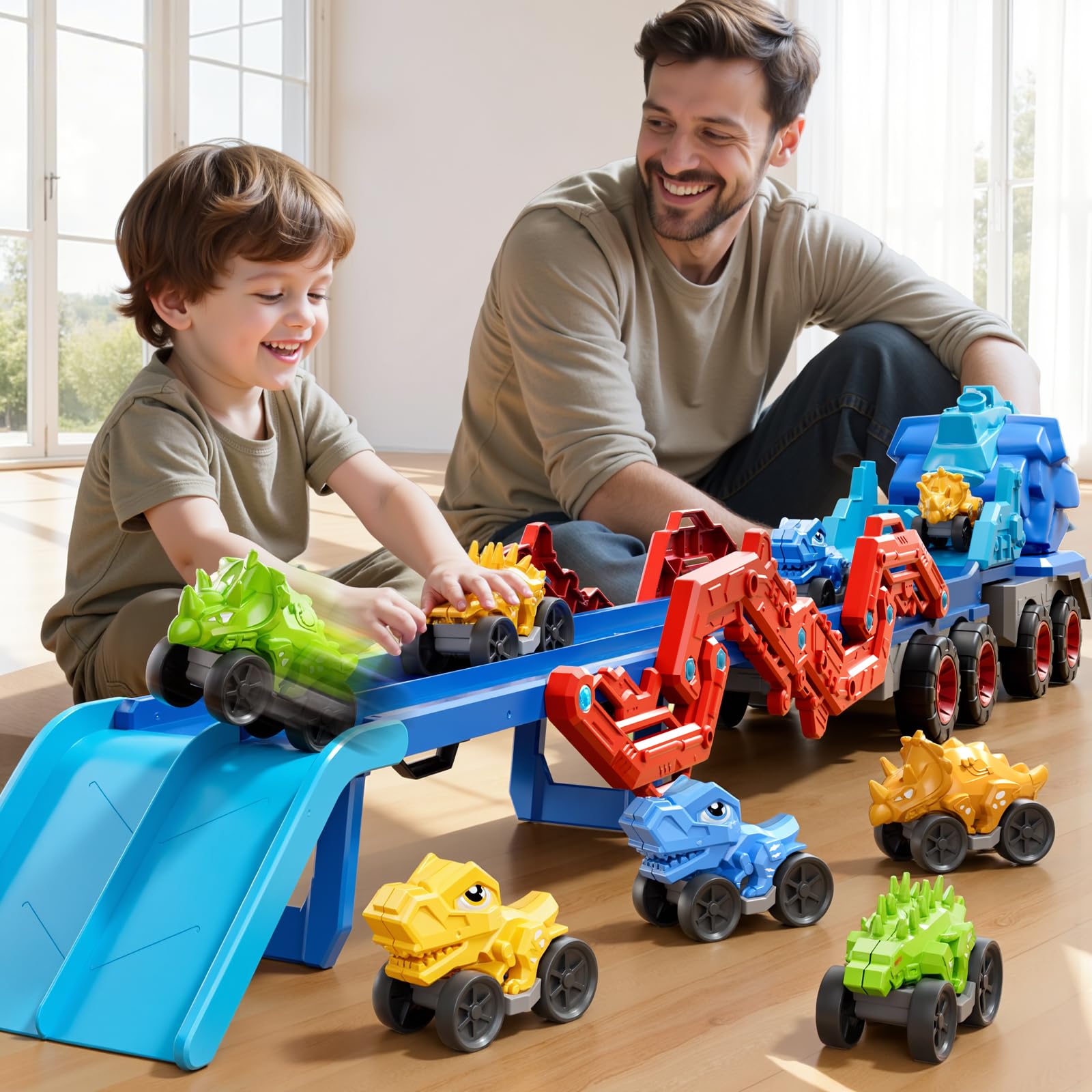 PEADUCK nine mini dinosaur cars stored inside the truck.