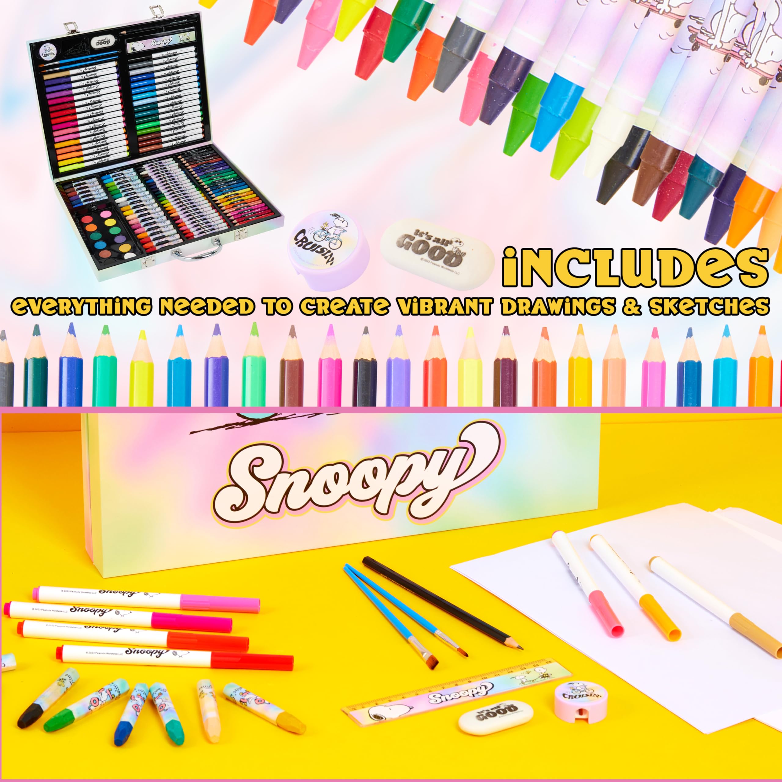 Peanuts Snoopy inspiration art case with brushes supports smooth studio-style washes.