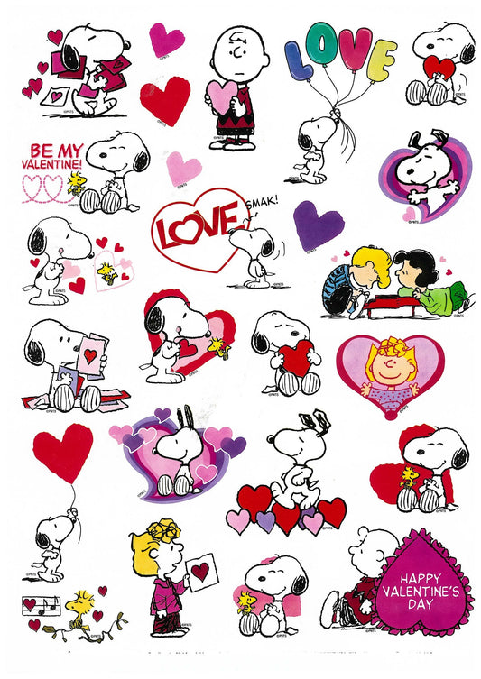 Peanuts Snoopy Valentine stickers offer 25 playful designs for valentines and scrapbooks.
