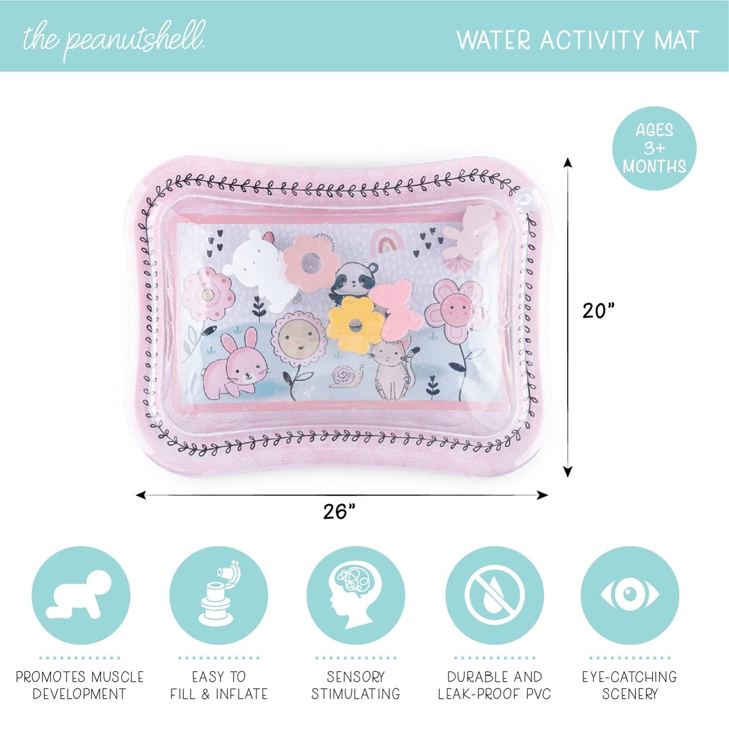 The Peanutshell Happy Garden floating animals promote engagement during tummy time.
