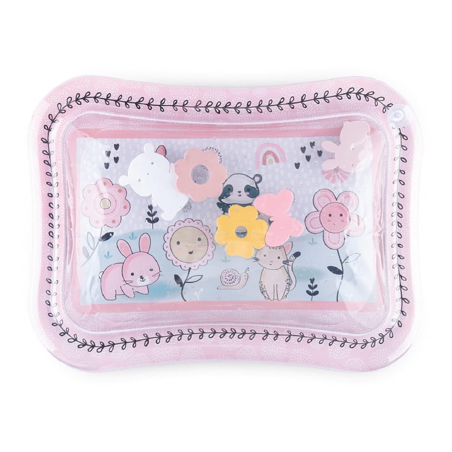 The Peanutshell Happy Garden tummy time water mat engages infants with floating animals for visual tracking.