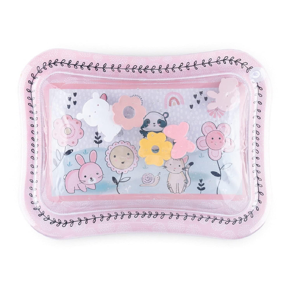The Peanutshell Happy Garden tummy time water mat engages infants with floating animals for visual tracking.