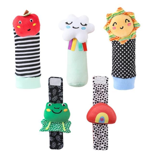 The Peanutshell sock rattles set in high-contrast colors boosts baby visual tracking.