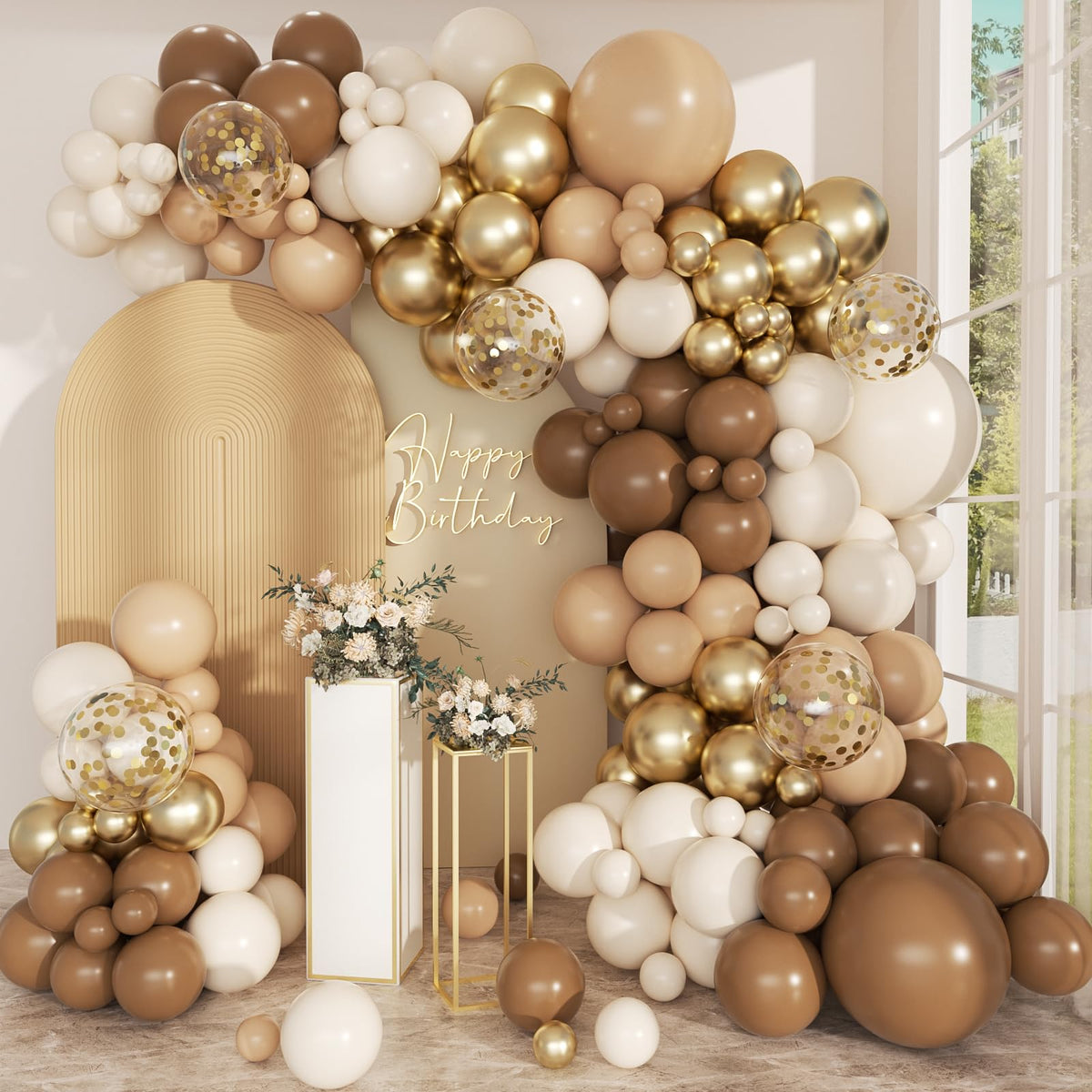 PEASUG brown balloon arch kit creates a chic neutral backdrop for events