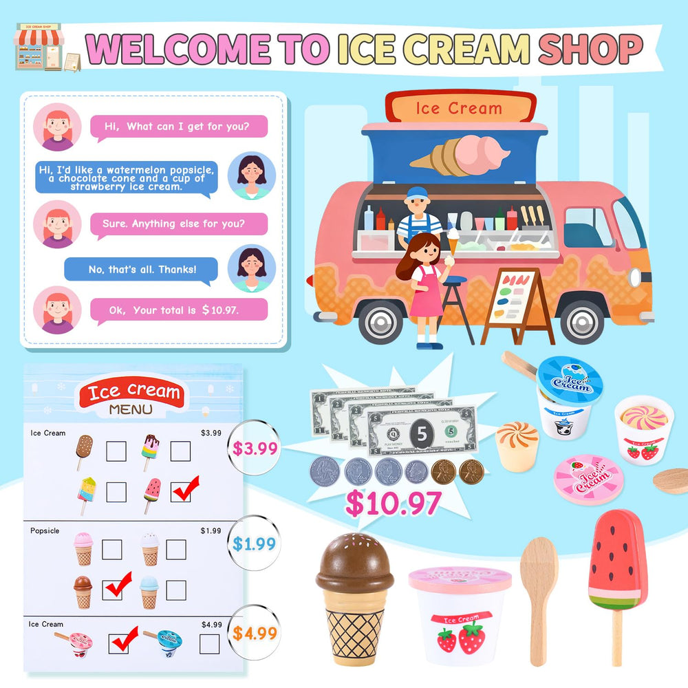 Peccvon wooden ice cream stand cups enhance pretend dessert service.