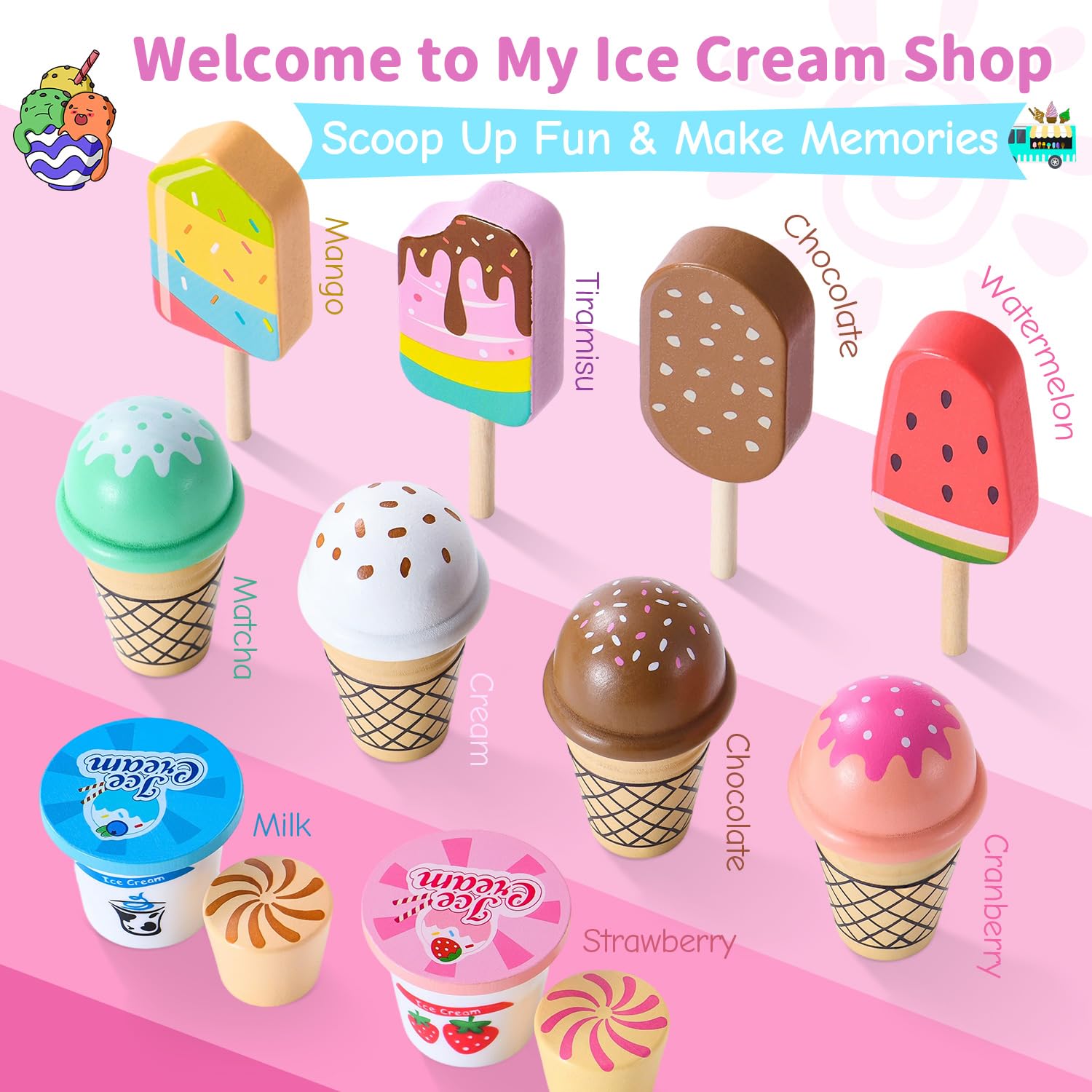 Peccvon wooden ice cream stand kids playing scene for cooperative play.