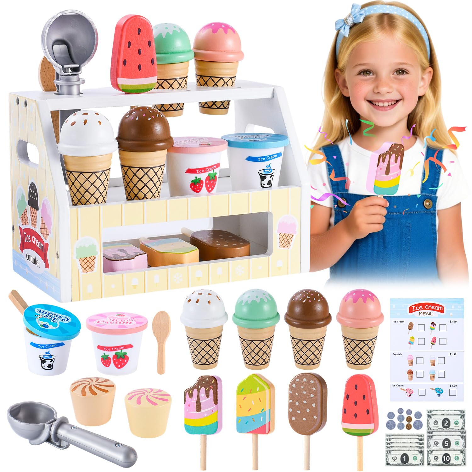Peccvon wooden ice cream stand with scooper promotes fine motor skills.