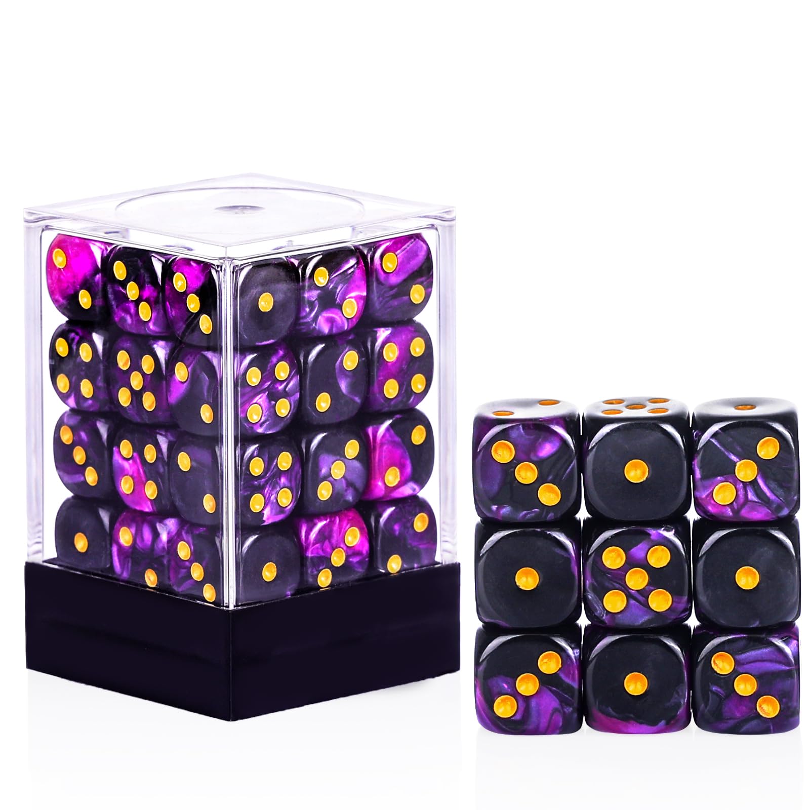 PECHOI 36-piece purple and black dice set in a portable box for on-the-go gaming