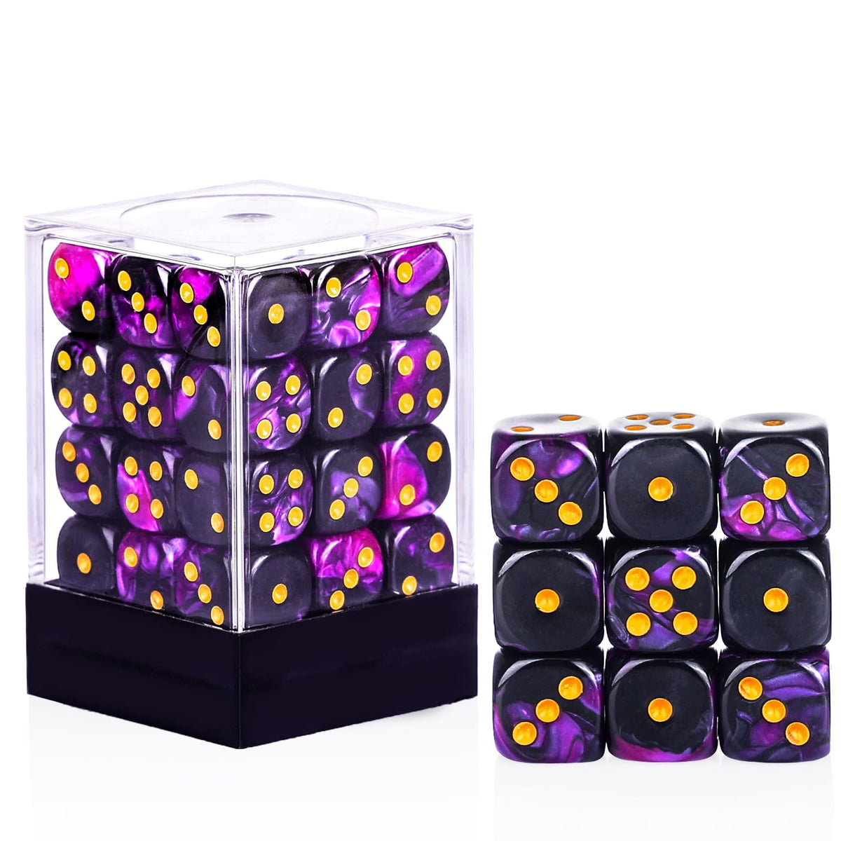 PECHOI 36-piece purple and black dice set in a portable box for on-the-go gaming
