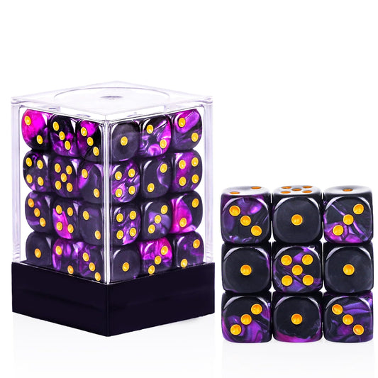 PECHOI 36-piece purple and black dice set in a portable box for on-the-go gaming