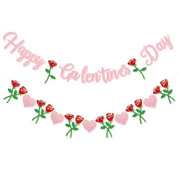 Peclek Happy Galentine's Banner with pink glitter letters for festive decor