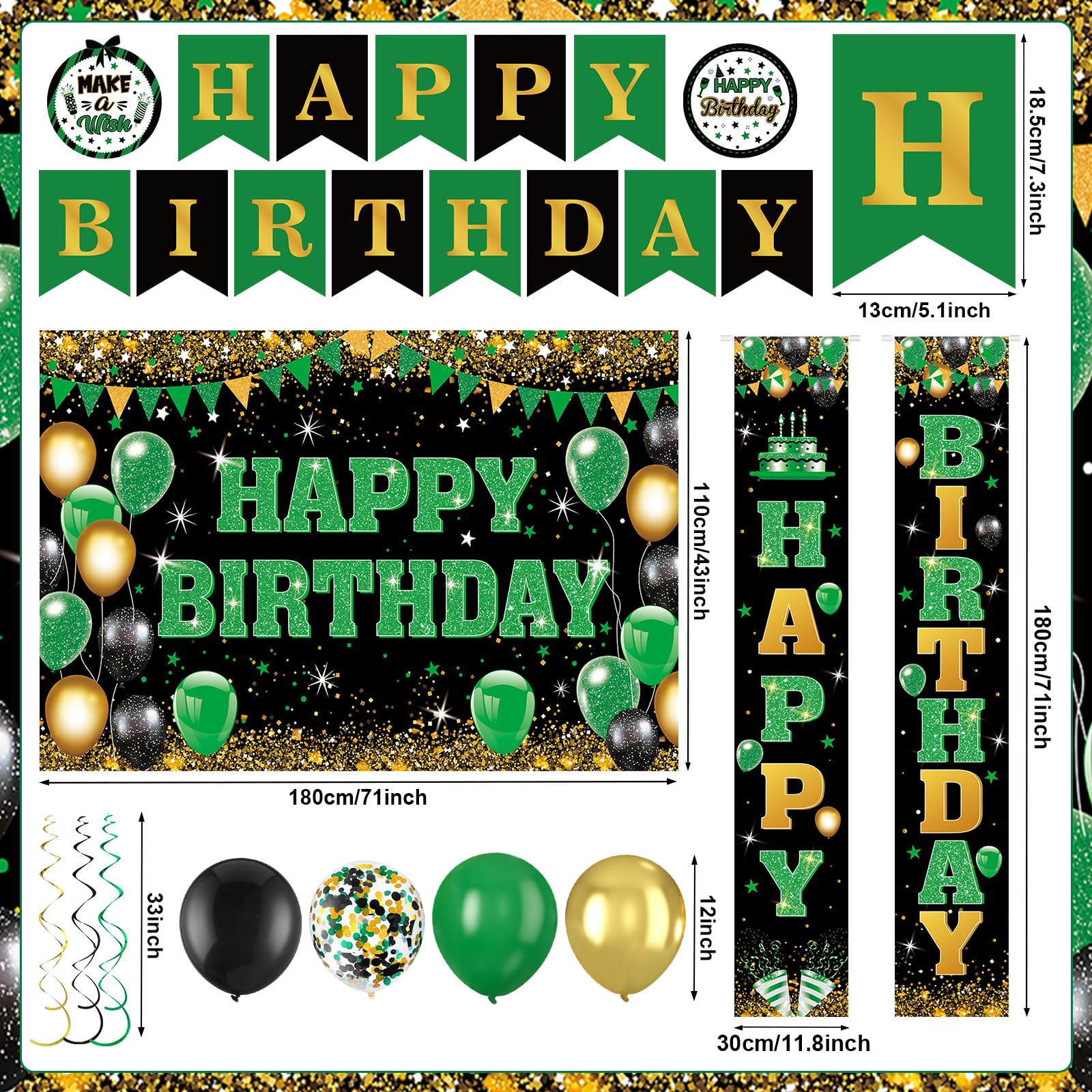 Peconal green-black birthday backdrop creates a striking photo wall