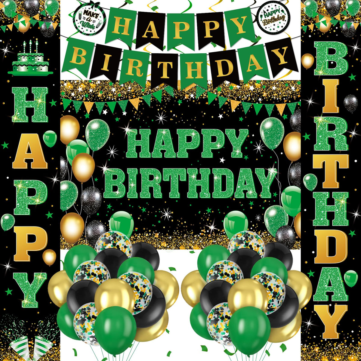 Peconal green-black birthday banner adds bold festivity to party spaces