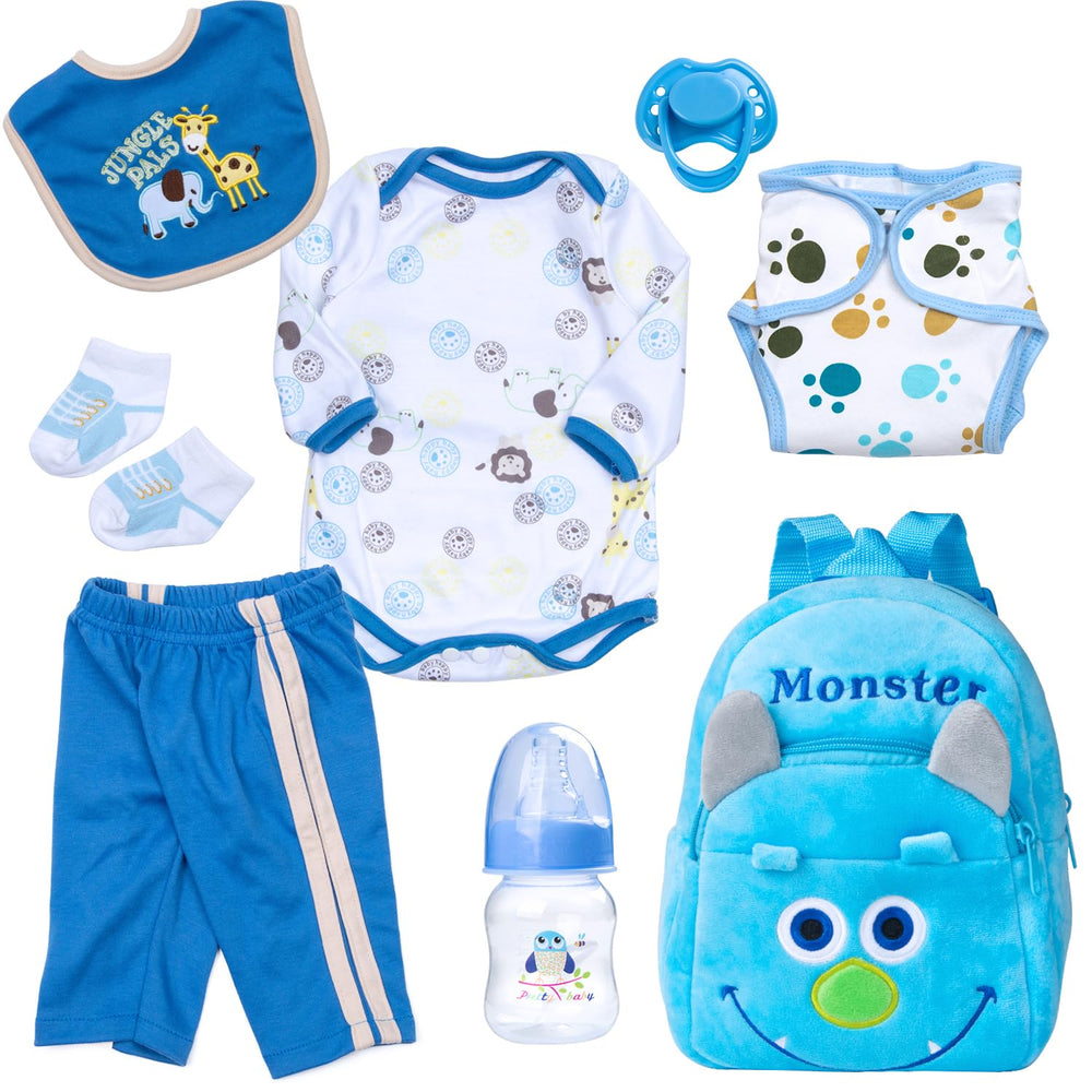 Pedolltree 8-piece reborn doll outfit with blue monster backpack for 18-22 inch dolls.