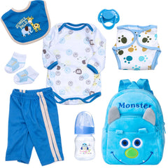 Pedolltree 8-piece reborn doll outfit with blue monster backpack for 18-22 inch dolls.