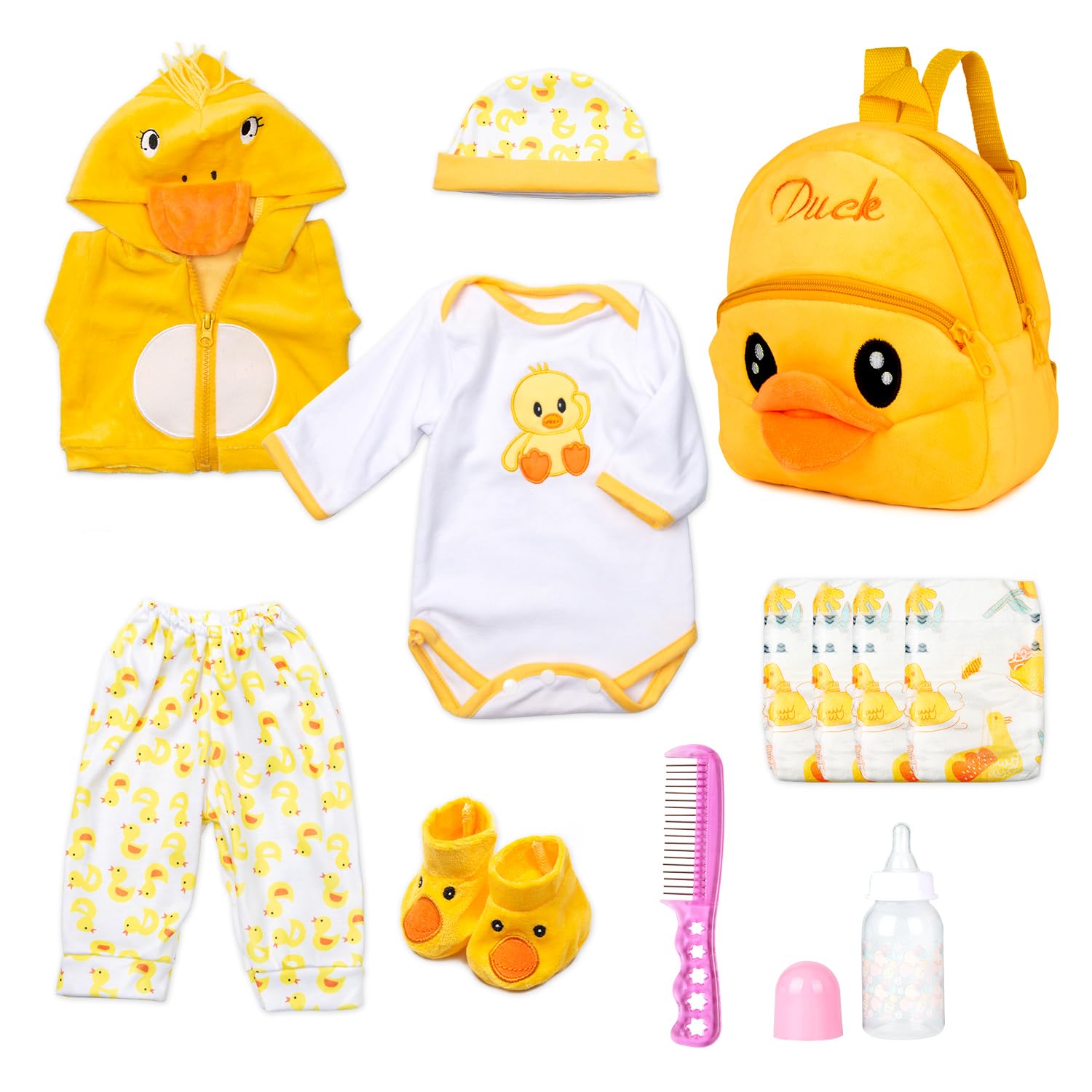 Pedolltree backpack with yellow duck for 17-22 inch dolls, spacious accessory storage.