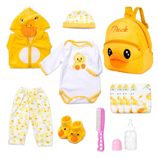 Pedolltree backpack with yellow duck for 17-22 inch dolls, spacious accessory storage.