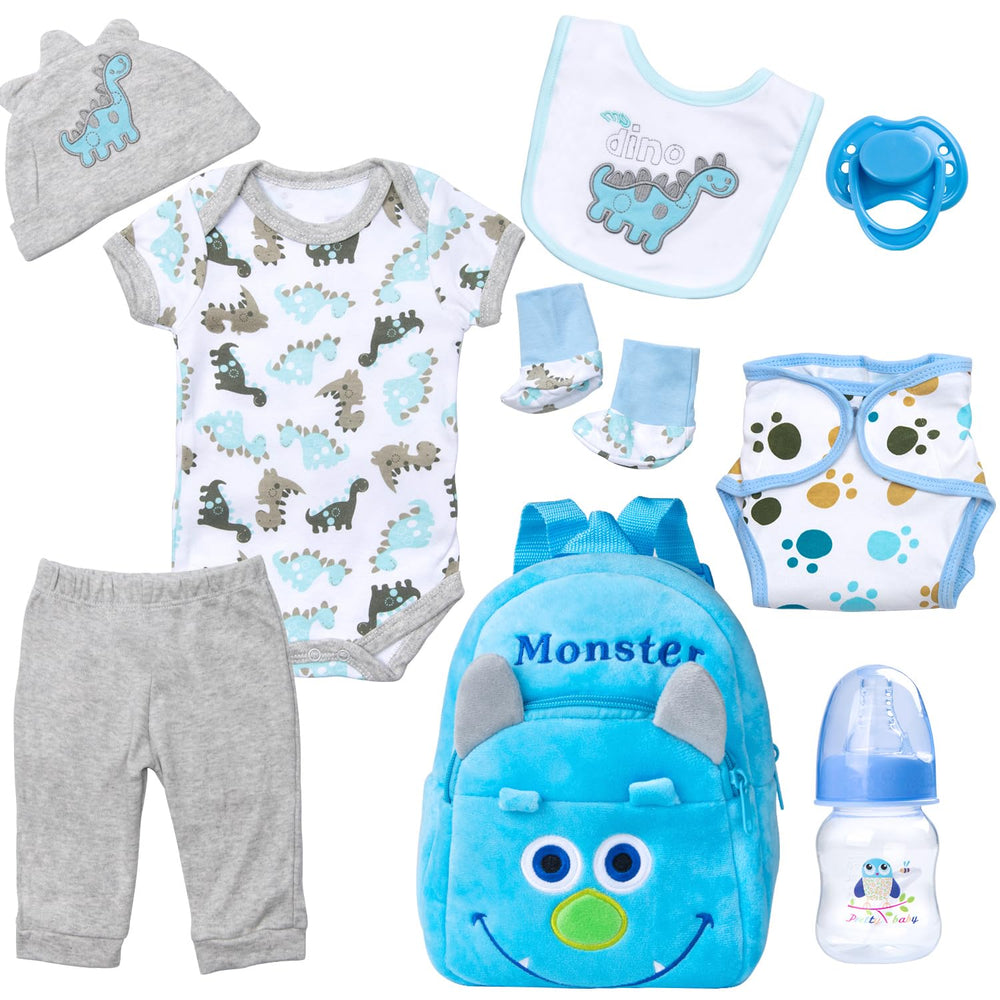 Pedolltree blue dinosaur backpack for reborn dolls; roomy storage for doll accessories.