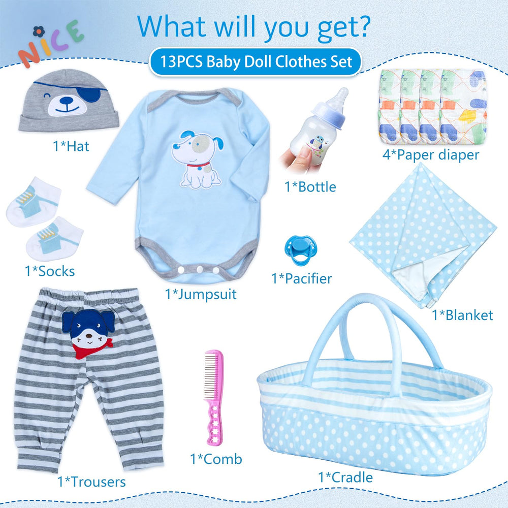 Pedolltree blue dot bassinet and accessories set for doll playtime