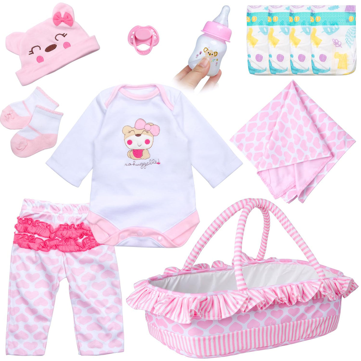 Pedolltree pink little bear bassinet for reborn dolls, spacious and durable for play.