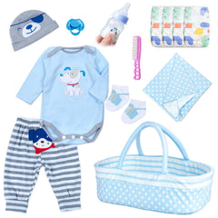 Pedolltree Reborn doll clothes set with blue dog outfit and bassinet for 17-22 inch dolls