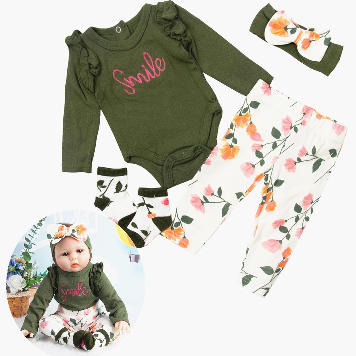 Pedolltree olive-green 4-piece doll clothing set for 24-inch reborn dolls.