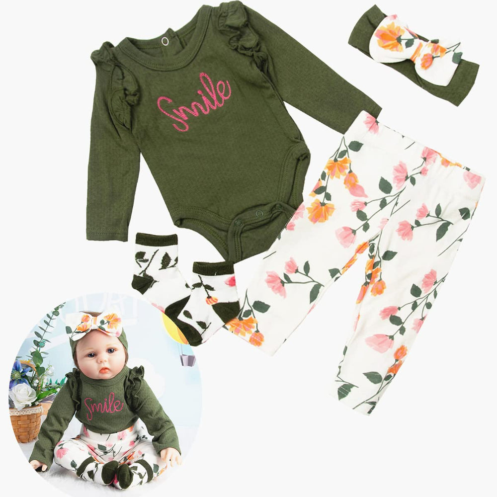 Pedolltree olive-green 4-piece doll clothing set for 24-inch reborn dolls.