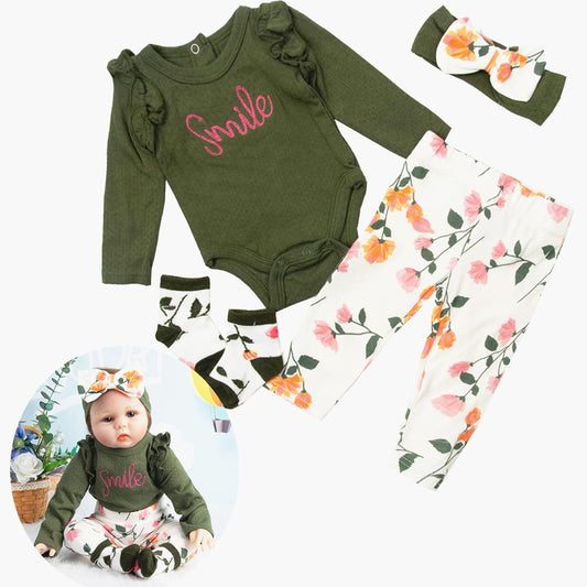 Pedolltree olive-green 4-piece doll clothing set for 24-inch reborn dolls.