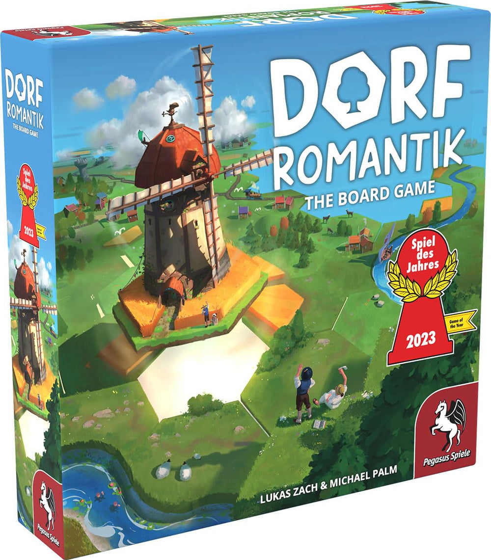 Pegasus Spiele Dorfromantik board game box art highlighting peaceful landscape and cooperative play
