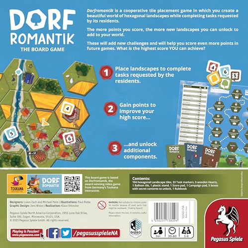 Pegasus Spiele Dorfromantik hexagonal tiles arranged to form rivers and villages for strategic tile-laying